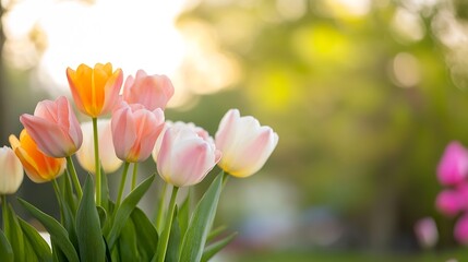 Obraz premium Beautiful tulip flowers in vibrant colors surrounded by soft natural light during spring season : Generative AI