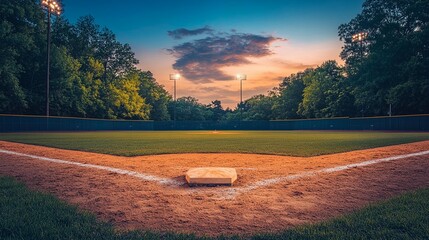 Home plate at sunset on a baseball field.