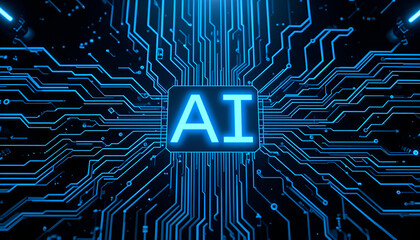 a futuristic electronic circuit with intricate and detailed blue neon lines glowing, forming a complex pattern like a motherboard. Ai generated image
