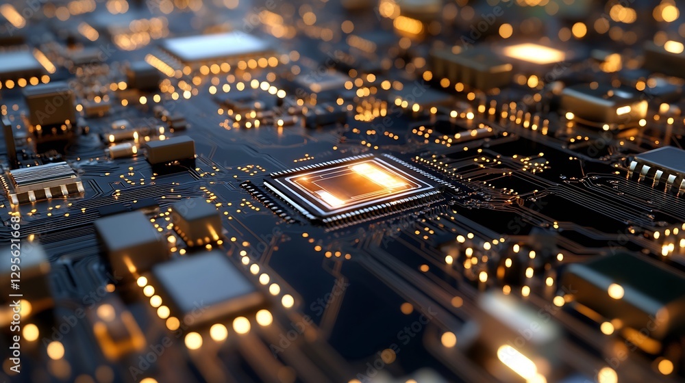 Aufkleber close up of circuit board with glowing chips and electronic components at night : generative ai