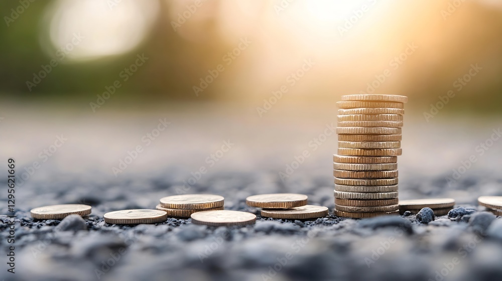 Poster CloseUp of Stacked Coins on Pebble Ground with Warm Sunlight and Soft Bokeh in Background : Generative AI