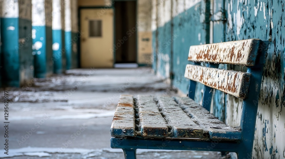 Poster rustic park bench surrounded by abandoned urban environment in blurry background : generative ai