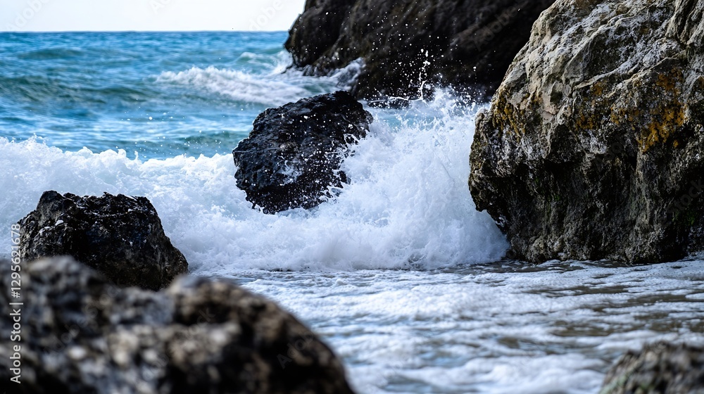Poster waves crashing against rocks on a sunny day by the beautiful ocean shoreline : generative ai