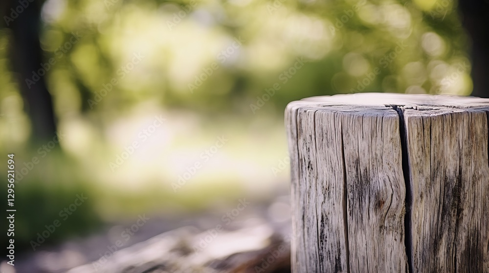 Aufkleber Closeup view of a rustic wooden stump showcasing detailed texture in a natural bokeh backdrop : Generative AI