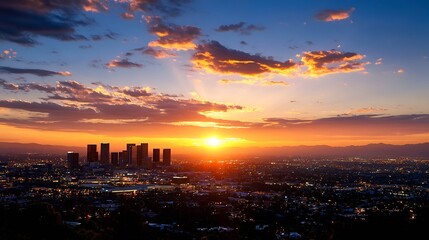 Obraz premium Stunning panoramic view of Los Angeles skyline at sunset with colorful sky and city lights : Generative AI