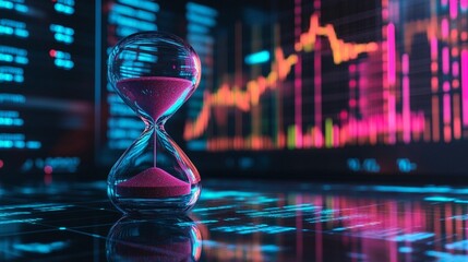Hourglass on a reflective surface with stock market data displayed on a screen in the background.