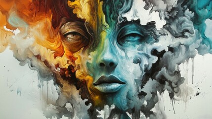 Abstract Colorful Portrait of a Woman's Face in Mixed Media Painting