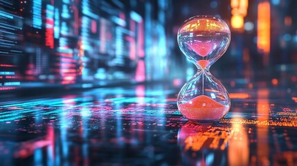 Hourglass on glowing digital surface, representing time and technology.