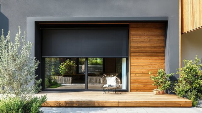 Fototapeta Modern house with retractable awning shades a large window. Perfect for showcasing home design, architecture, and sun protection solutions.