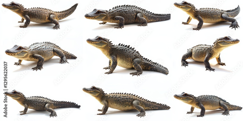 Poster collection of realistic crocodile models displayed in various angles set against a neutral backgroun