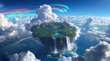 A beautiful floating island with lush green landscape and waterfalls