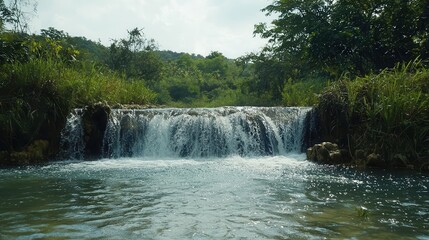 Fototapeta premium Serene Waterfall in Lush Green Forested Area