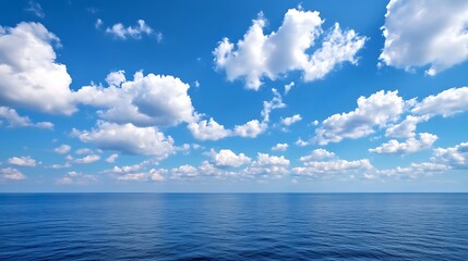 Fototapeta premium Expansive view of the ocean and a bright blue sky filled with fluffy white clouds : Generative AI