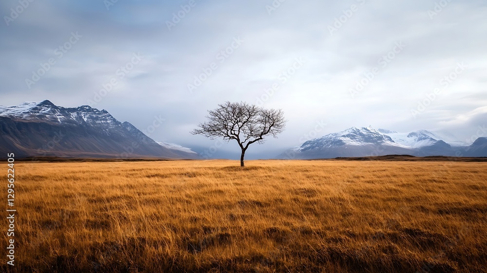 Poster solitary tree in a golden field with dramatic mountains in the distance under a cloudy sky : generat
