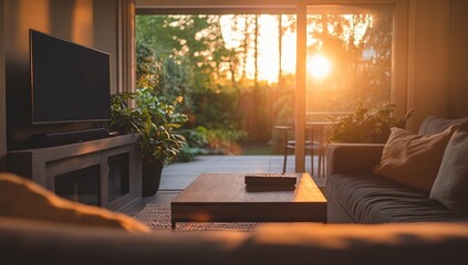 Warm Sunset Illuminates Modern Living Room Interior
