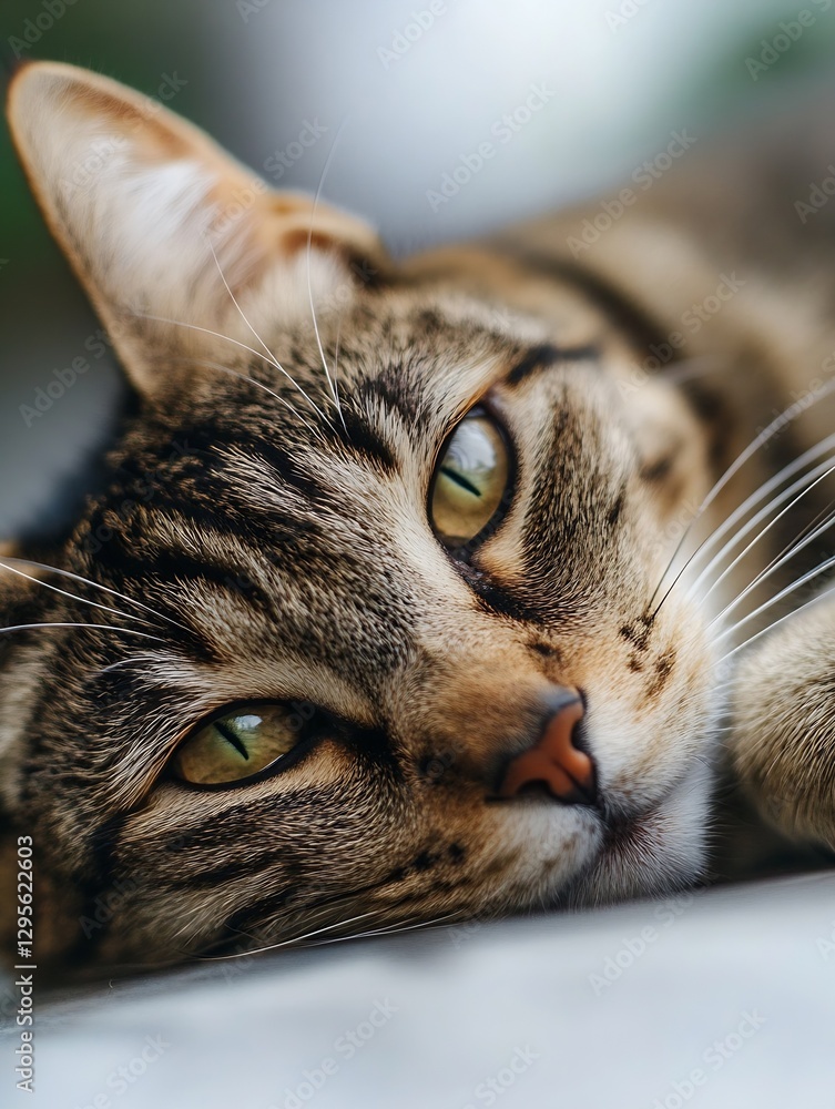 Poster Close up of a relaxed tabby cat with striking green eyes resting on a soft surface : Generative AI