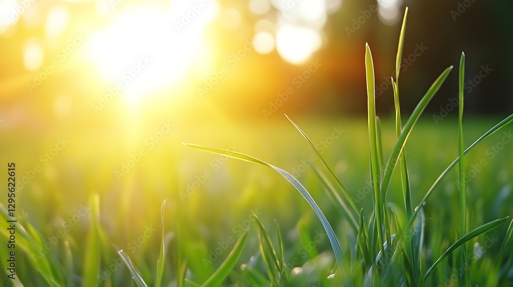 Aufkleber close up of fresh green grass with sunlight shining through creating a warm and vibrant scene : gene