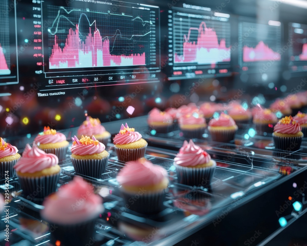 Poster a vibrant display of colorful cupcakes adorned with pink frosting, set against a backdrop of graphs 