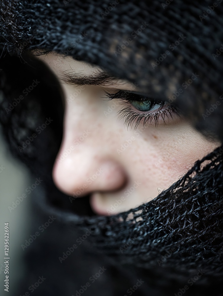 Poster close up portrait of a girl with mesmerizing green eyes partially covered by a black shawl in an art