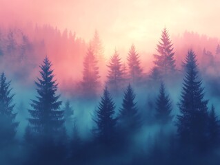 Misty sunrise, forest, mountains, serenity, nature