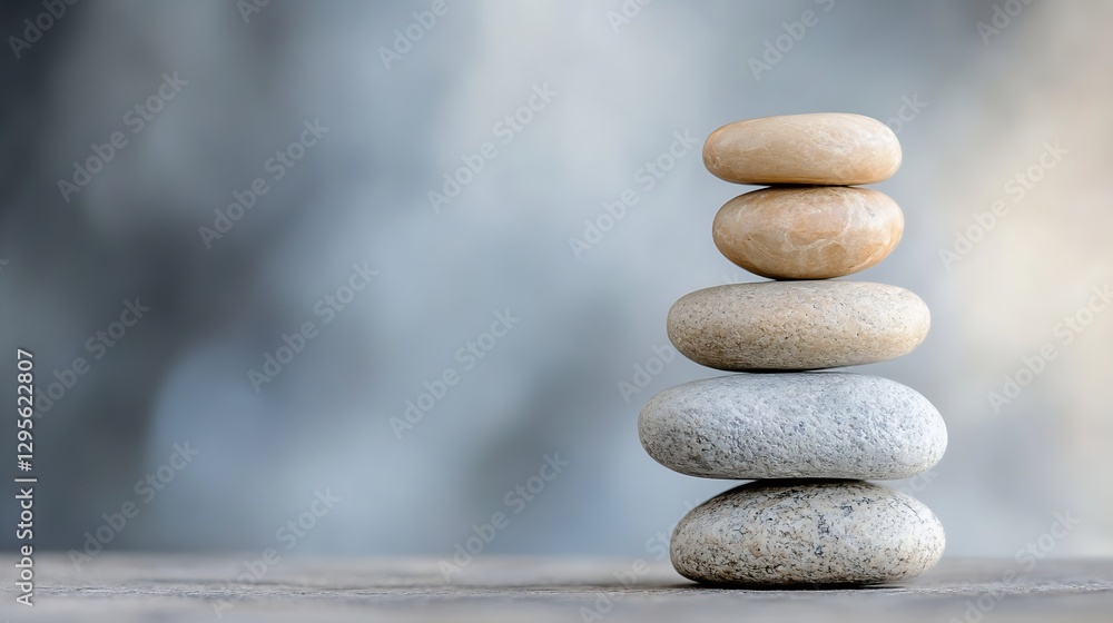 Poster tower of carefully stacked smooth stones with a blurred background for meditation : generative ai