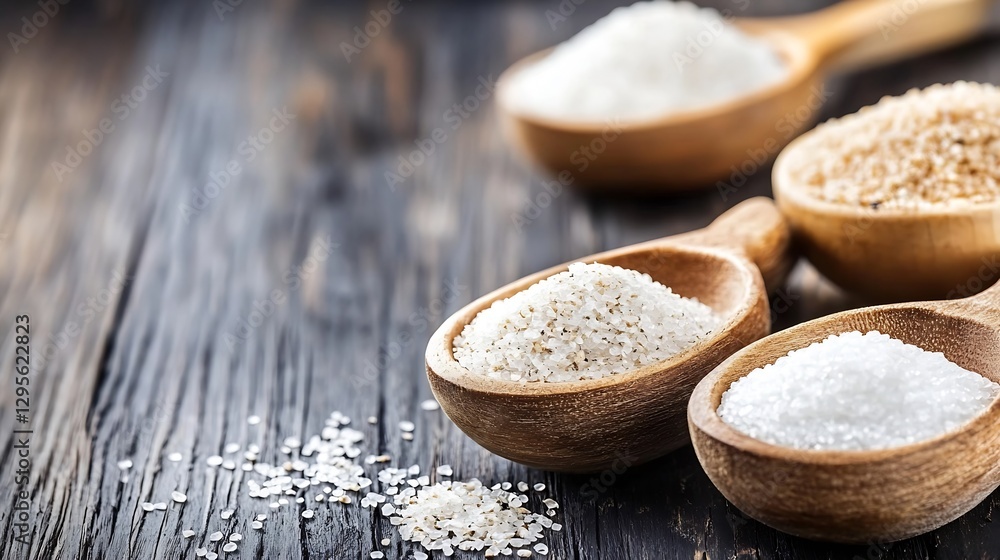 Poster various types of granulated and coarse salts placed in rustic wooden spoons over a rough wooden tabl