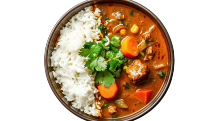 Delicious beef stew with rice and vegetables on transparent background