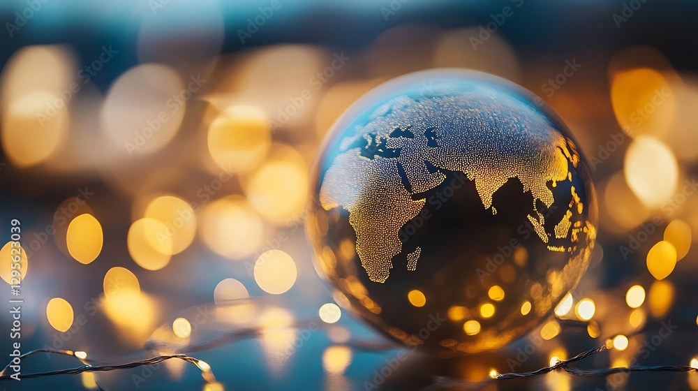 Aufkleber glowing globe design with world map details surrounded by festive warm lights : generative ai