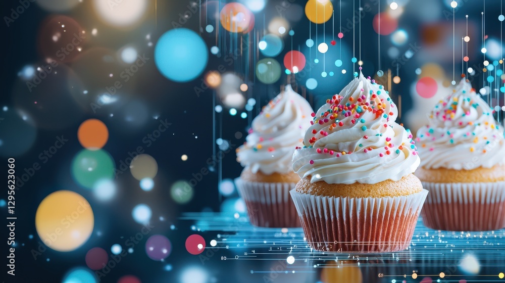 Aufkleber beautiful cupcakes topped with fluffy frosting and colorful sprinkles against a soft bokeh backgroun