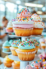 A vibrant display of colorful cupcakes topped with creamy frosting and rainbow sprinkles. Perfect for celebrations and special occasions, these delightful treats add joy to any event.