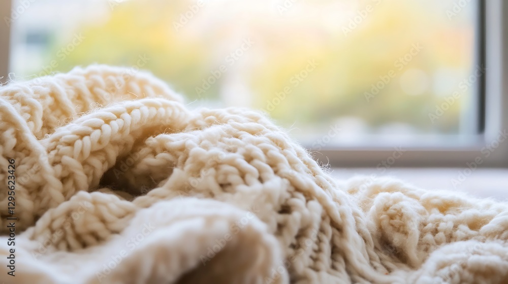 Poster cozy knitted blanket draped near a sunlit window creating a warm atmosphere : generative ai