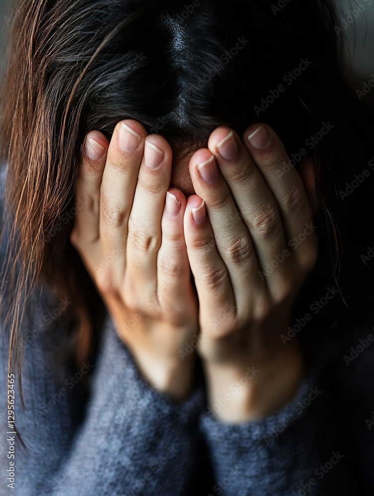 Poster emotional close up of a person hiding their face with hands expressing sadness and distress : genera