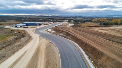 Aerial view of a newly constructed road winding through a rural landscape : Generative AI