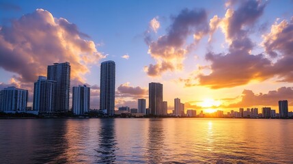 Fototapeta premium Stunning sunset over city skyline reflected in water creating a captivating urban scene : Generative AI