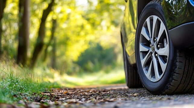 Low angle view of car tire on gravel path surrounded by lush green trees in nature : Generative AI - Powered by Adobe