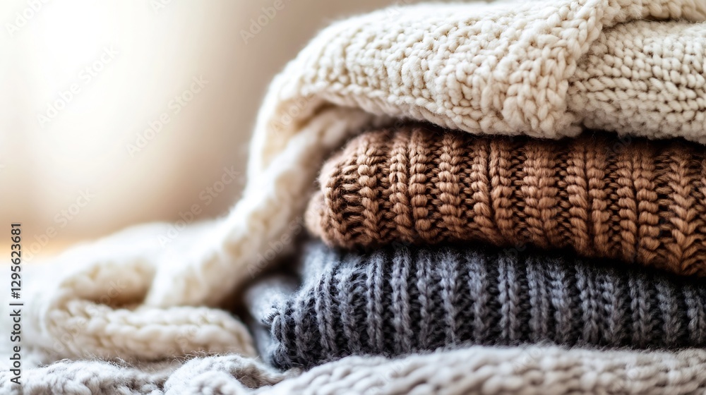 Poster neatly stacked knitted sweaters in soft earthy tones on a cozy background : generative ai