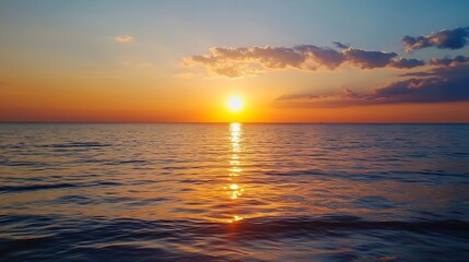 Obraz premium Stunning sunset over tranquil waters with colorful reflections and cloud formations : Generative AI