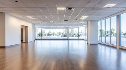Obraz premium Bright and airy vacant commercial space with large windows and wooden floors : Generative AI