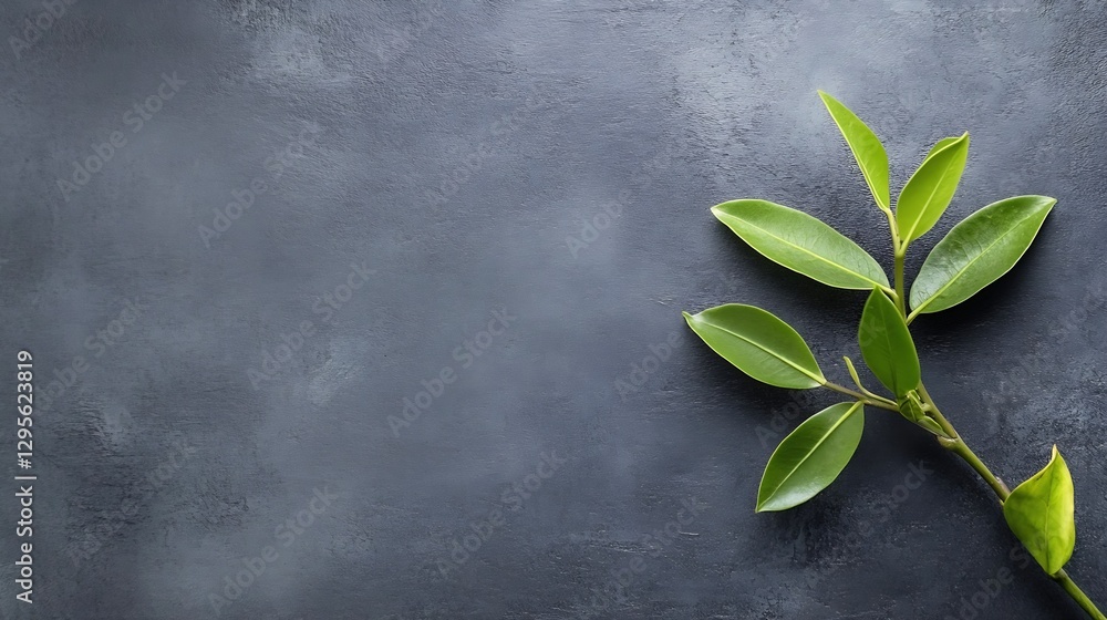 Poster closeup view of a green plant branch against a dark textured background creating a modern aesthetic 