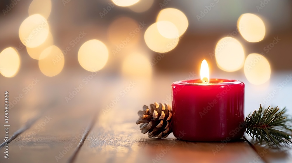 Poster A Beautifully Lit Red Candle with Pinecone and Greenery Background Creating a Warm Atmosphere Perfect for Relaxation : Generative AI