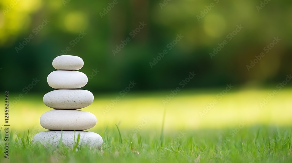 Aufkleber stack of white stones balancing on green grass in a peaceful natural setting : generative ai