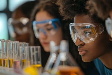 A group of students in a chemistry lab wearing safety goggles. They carefully mix chemicals in test tubes, watching reactions with curiosity, Generative AI 