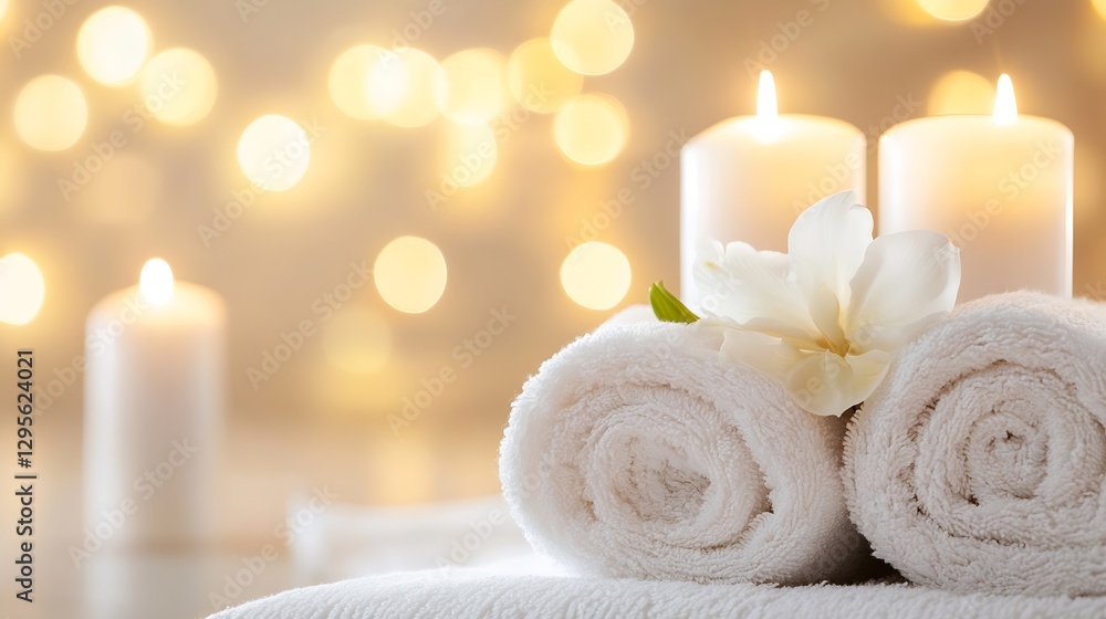 Poster Relaxing Spa Setup with Soft Towels Candles and Flower Creating a Calming Atmosphere : Generative AI