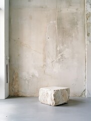 Minimalistic interior with a single large stone accentuating the beauty of simplicity and modern design : Generative AI