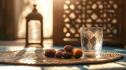 Dates and a glass of water rest on the table, with a modest lantern positioned in the background