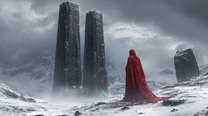 A person in a red cloak standing in the snow