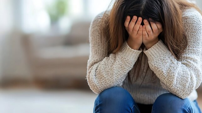 Young woman feeling distressed and overwhelmed while sitting on floor in living room : Generative AI
