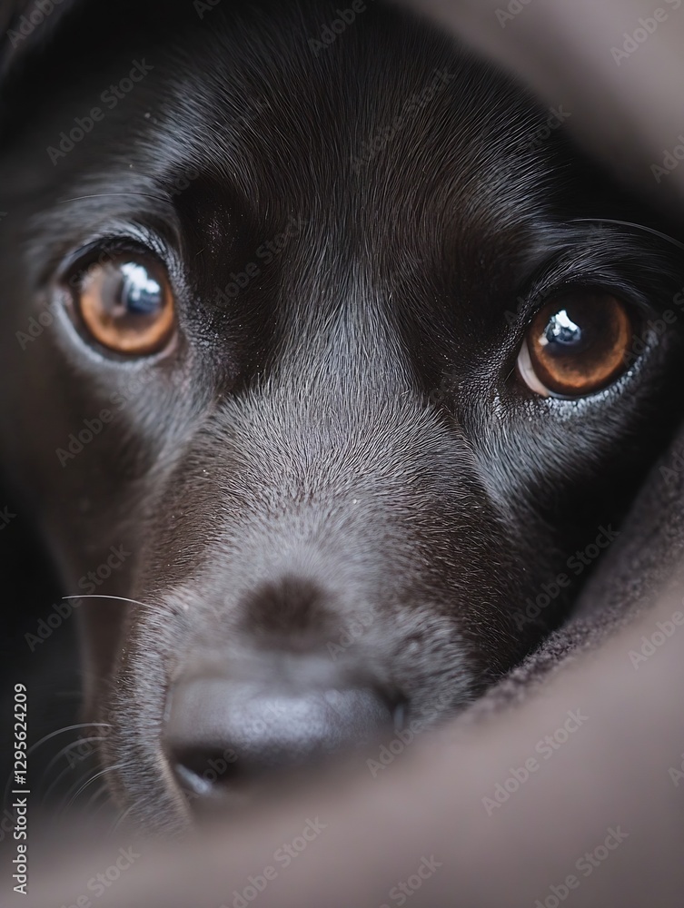 Poster closeup of a black dog's expressive eyes reflecting warmth and curiosity in a cozy setting : generat