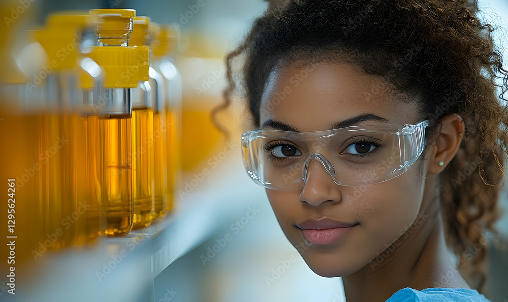 Poster young scientist in lab looking at camera with containers