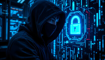 Hacker in hoodie and glowing digital firewall. Cybersecurity concept. Ai generated image